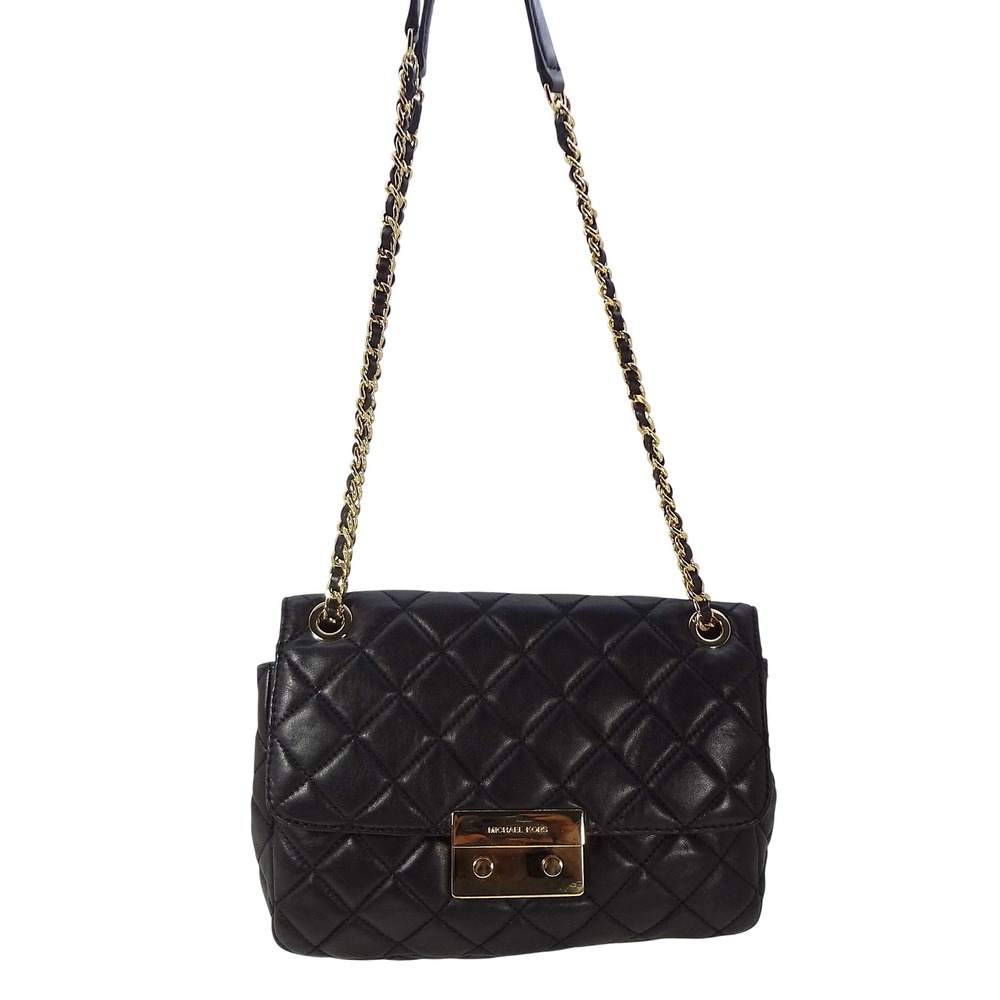 Michael‎ Kors Sloan Black Quilted Lamb Leather Shoulder Bag Crossbody Gold Chain - Picture 6 of 12